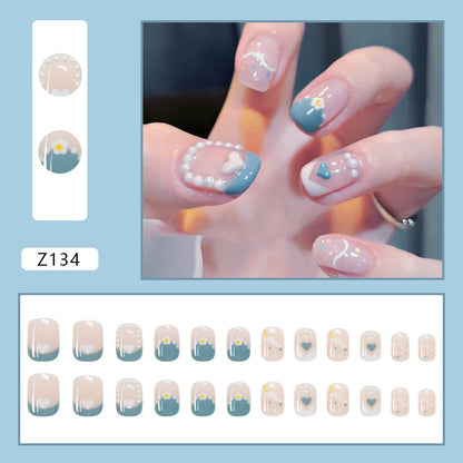 Blue Floral Pearl Press-On Nails with Heart Accents | Set of 12 Reusable Nails