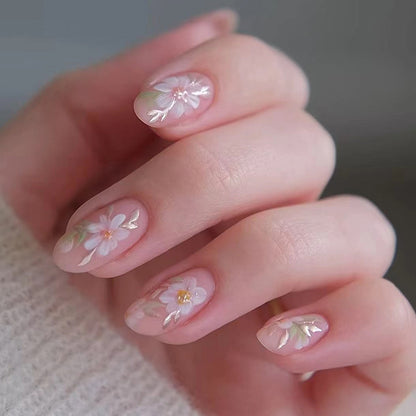 24-Piece Nude Floral Almond Press-On Nails – Glossy Pink False Nails with White Daisy Design | Reusable Stick-On Nail Set