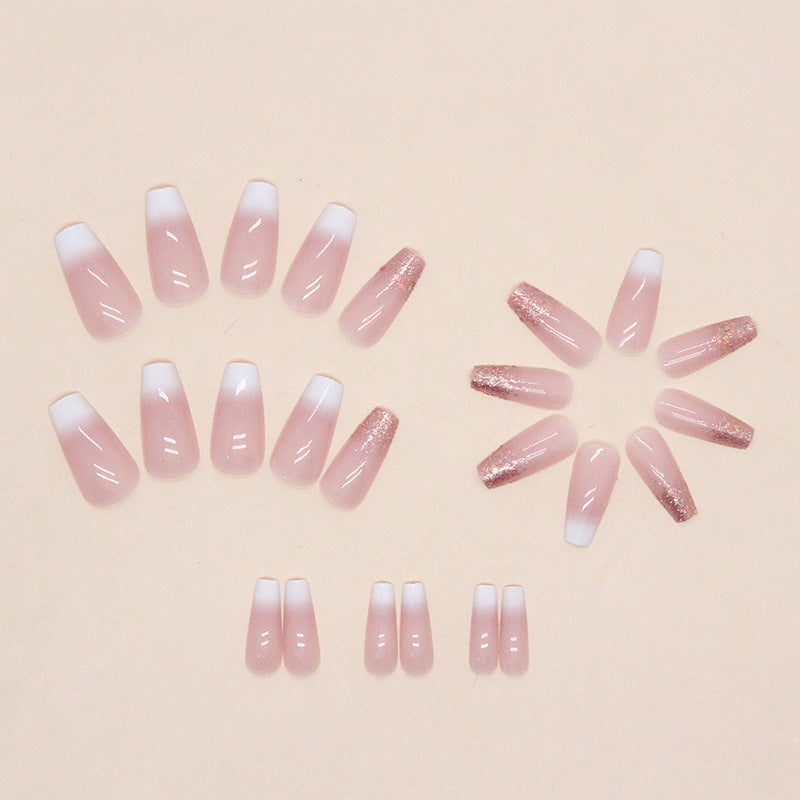 Long Square Press-On Nail Set – Nude Pink Ombre with Rose Gold Glitter Tips | Glossy Reusable False Nails (Set of 24 Pieces)