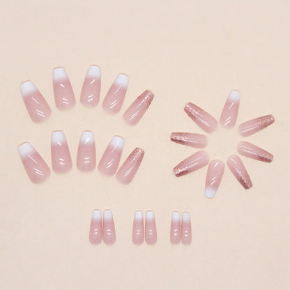 Long Square Press-On Nail Set – Nude Pink Ombre with Rose Gold Glitter Tips | Glossy Reusable False Nails (Set of 24 Pieces)