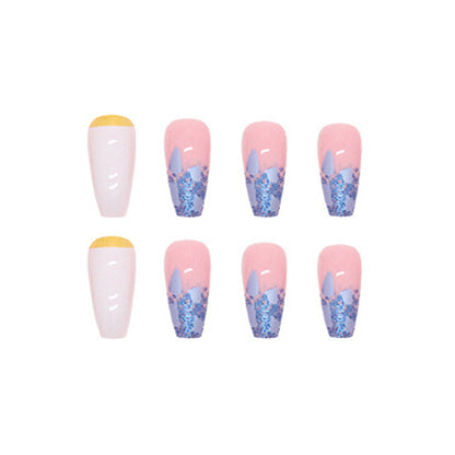 Square Press-On Nail Set – White Ombre, Royal Blue Marble & Gold Foil | Glossy Reusable False Nails (Set of 24)