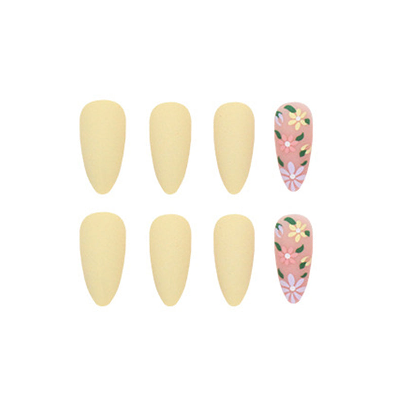 Spring Floral, Matte Yellow and Nude with Daisy Design, Almond Shape, Press-On Nails