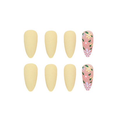 Sunny Meadow Almond Press On Nails – 24 Piece Yellow Floral French Tip Nail Set