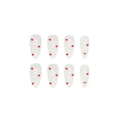24-Piece White Heart Almond Press-On Nails – Glossy French Style False Nails with Red Heart Design | Reusable Stick-On Nail Set
