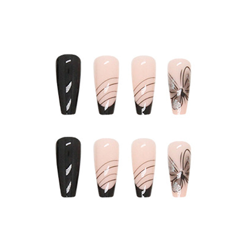 Long Coffin Shape, Black and Nude with Butterfly Design, Glossy Finish, Press on Nails