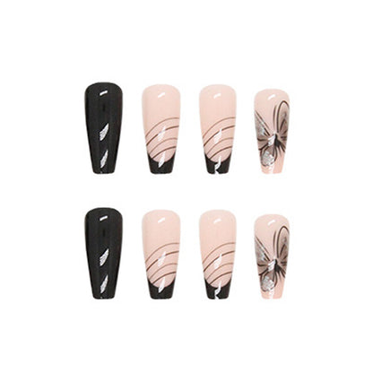 Long Coffin Press-On Nail Set – Black French Tips with Butterfly & Abstract Line Art | Glossy Reusable False Nails (Set of 24)