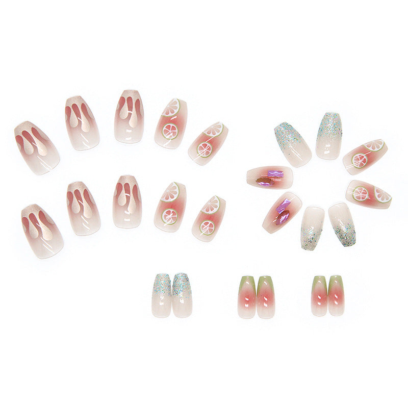 Mixed Design with Citrus Art, Glitter, and Holographic Elements, Long Square Style, Artificial Press-On Nails