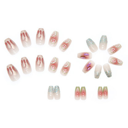 Fruity Glam Square Press-On Nails – Nude Jelly Glitter & Citrus Nail Set (Set of 12)