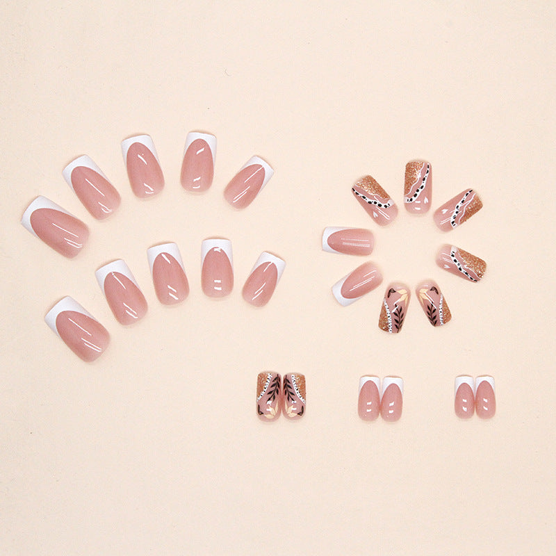 Rose Gold Glitter Design with Floral Pattern, White Tips, Professional Manicure Set, Press on Nails