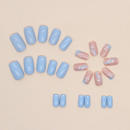 Sky Blossom Square Press On Nails – 24 Piece Blue & Pink Floral Glitter Set