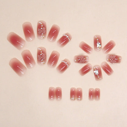Blush Bloom Bow Square Press-On Nails – Pink Jelly Floral Rhinestone Nail Set (Set of 12)