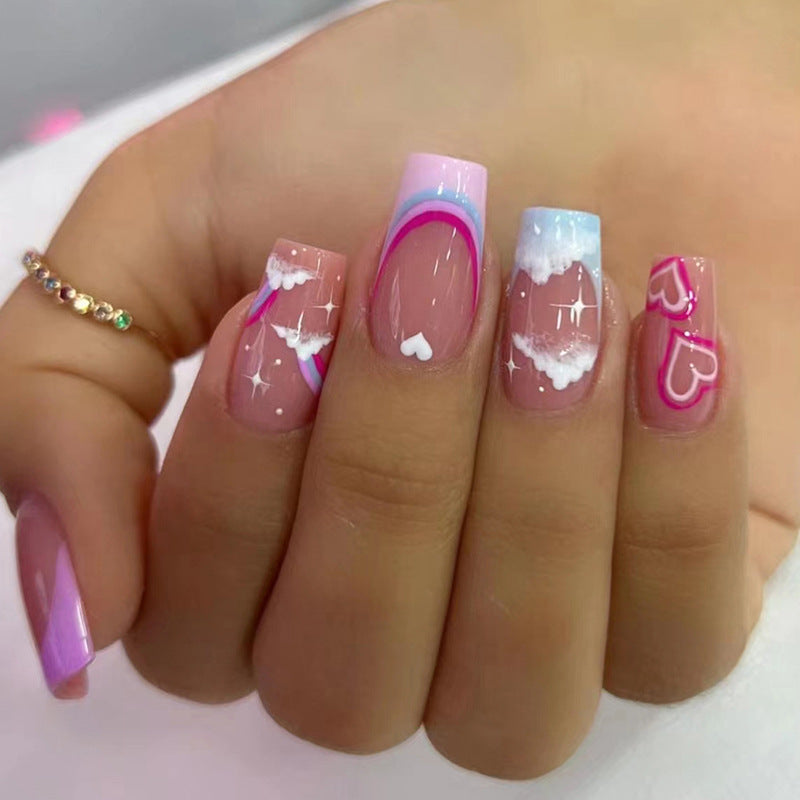 Pink Cloud Heart Press-On Nails with French Tips | 24-Piece Reusable Glossy Nail Set