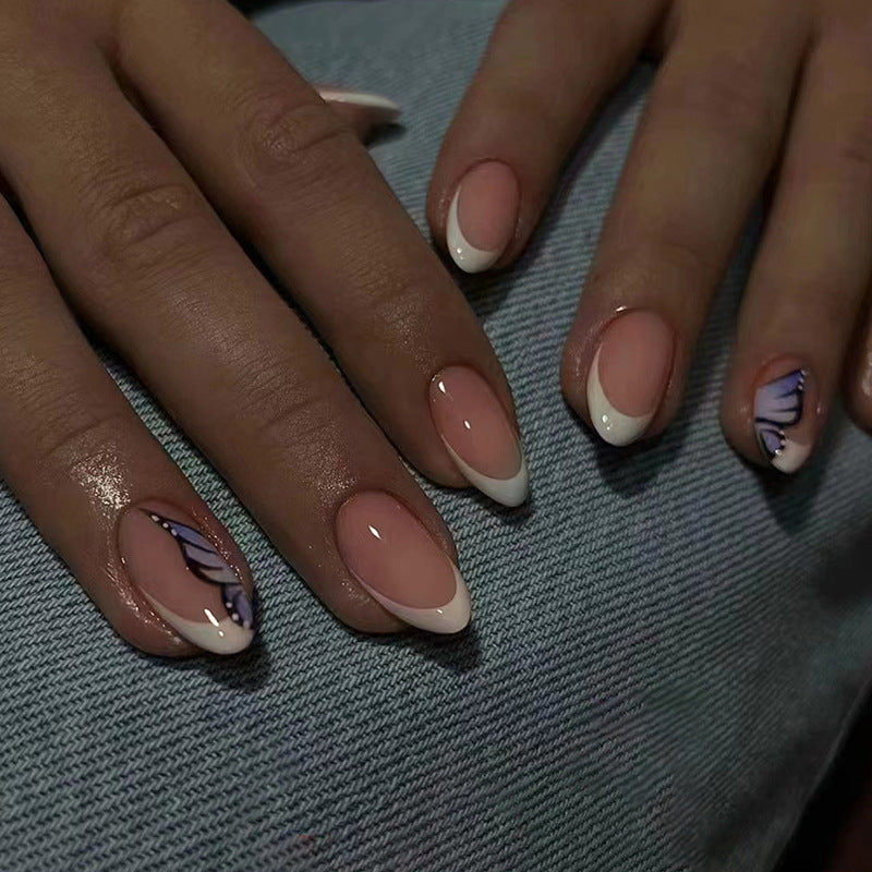 French Manicure with Butterfly Design, Oval Shape, Nude and White, Press-On Nails