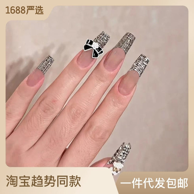 Silver Glitter French Tips with Black Bow Design, Square Shape, Press on Nails