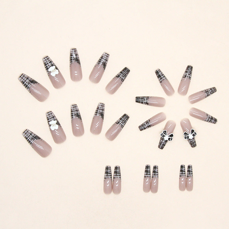 Silver Glitter French Tips with Black Bow Design, Square Shape, Press on Nails