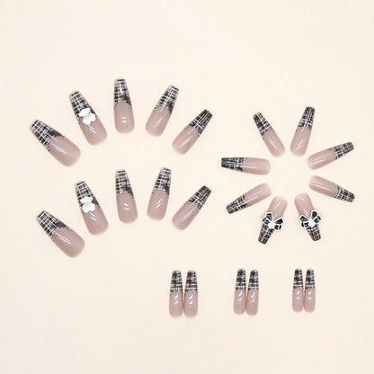 Nude Glitter French Tip Press-On Nails – Black Bow Coffin Nail Set (Set of 12)