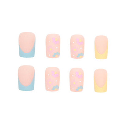 Medium Square Press-On Nail Set – Pastel Pink & Yellow French Tips with 3D Daisy Floral Nail Art | Glossy Reusable False Nails (Set of 24 Pieces)
