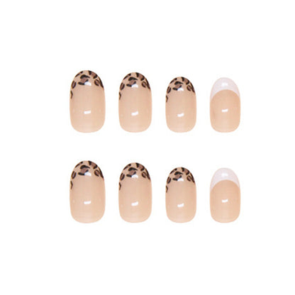 24-Piece Nude French Tip Leopard Print Press-On Nails – Glossy Almond False Nails | Reusable Stick-On Nail Set