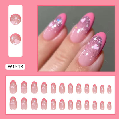24-Piece Pink Glitter Heart Press-On Nails – Glossy Almond False Nails with Sparkle Ombre Design | Reusable Stick-On Nail Set