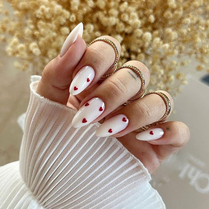 24-Piece White Heart Almond Press-On Nails – Glossy French Style False Nails with Red Heart Design | Reusable Stick-On Nail Set