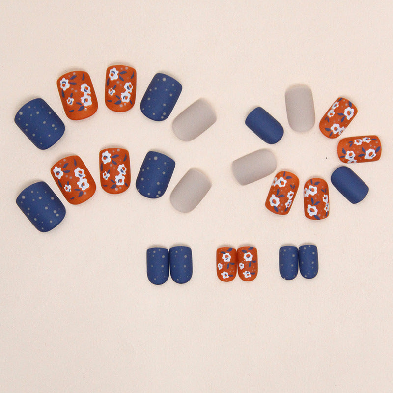 Matte Nail Art Set, Orange Floral and Navy Blue Design, Mixed Pattern Manicure, Press on Nails