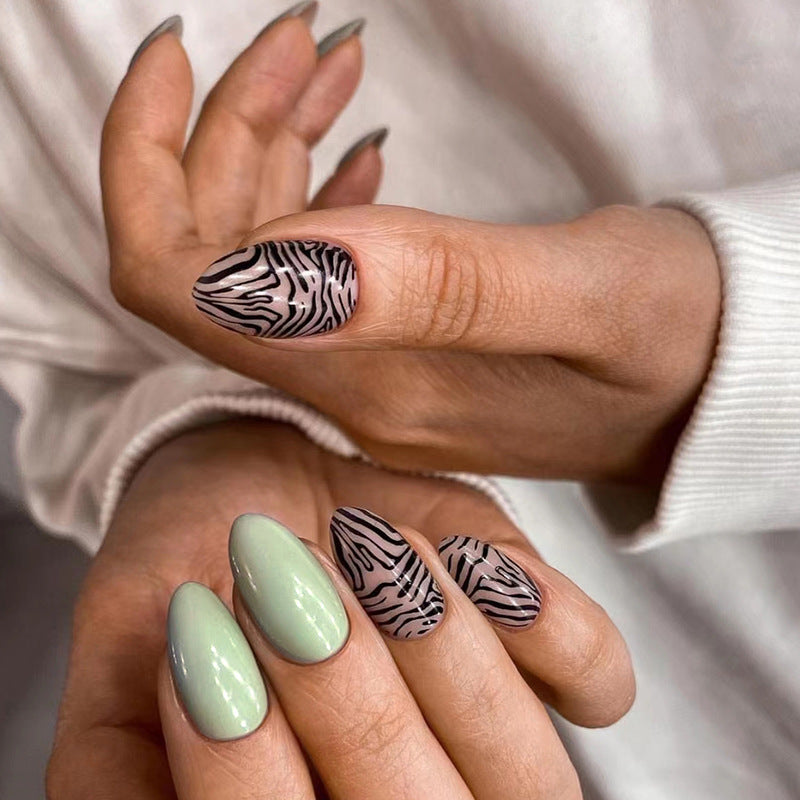 Zebra Print Set, Mint Green and Black Pattern, Almond Shape, Press-On Nails