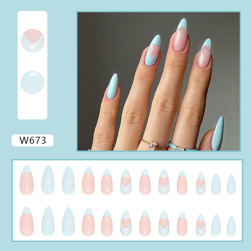 Stiletto Shape, Baby Blue and Pink French Tips, 24 Pieces, Artificial Press-On Nails