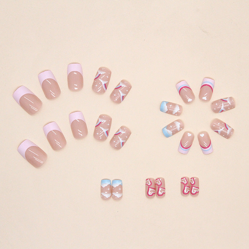Pink Cloud Heart Press-On Nails with French Tips | 24-Piece Reusable Glossy Nail Set