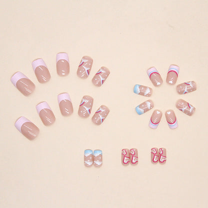 Pink Cloud Heart Press-On Nails with French Tips | 24-Piece Reusable Glossy Nail Set