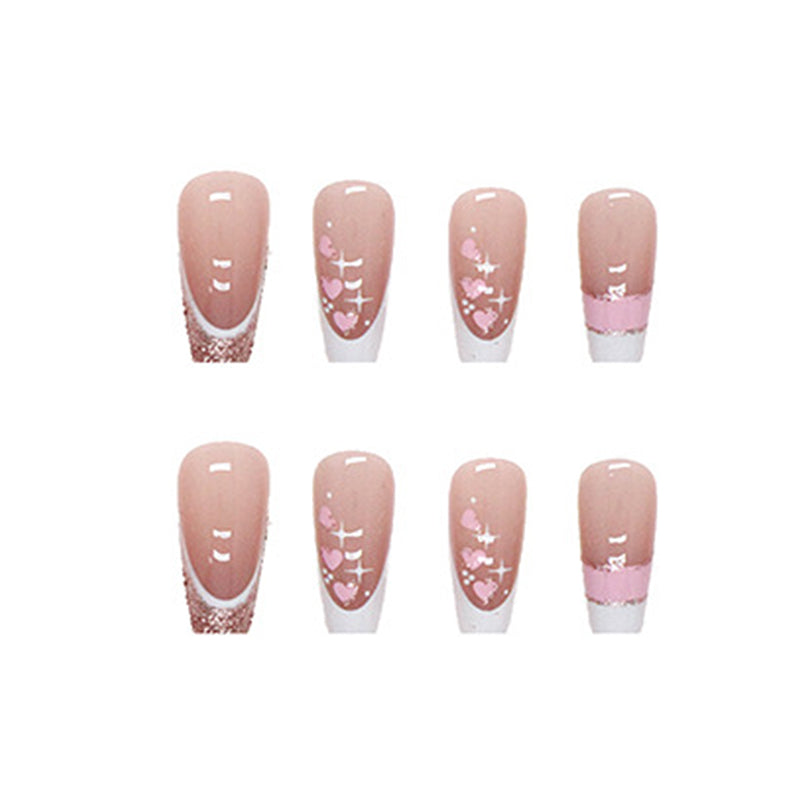Glitter Stars Design, Pink and White, Square Shape, French Tip Press-On Nails