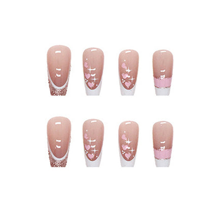 Medium Square Press-On Nail Set – Pink French Tips with Rose Gold Glitter Swirl & Glitter Accent | Glossy Reusable False Nails (Set of 24)