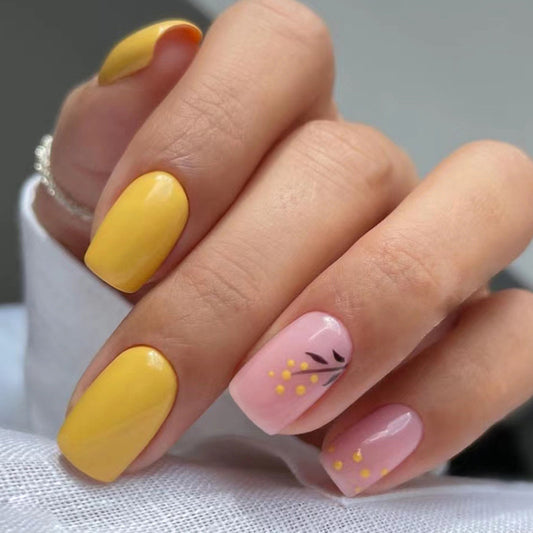 Spring Nail Art Design Set, Yellow and Pink Manicure with Floral Accents, Press on Nails