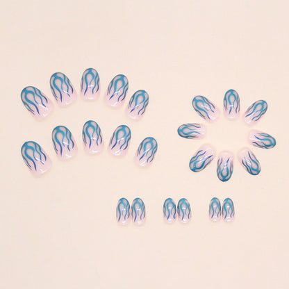 Teal Flame Almond Press On Nails – 24 Piece Metallic Flame French Tip Nail Set