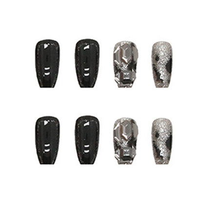 Black & Silver Chrome Marble Press-On Nails – 12 Piece Glossy Square Nail Set