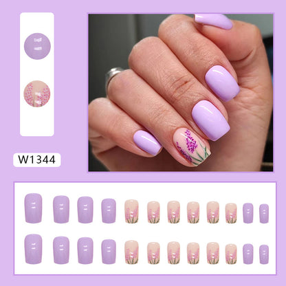 Lavender Floral Square Press-On Nails – Glossy Lilac Botanical Nail Set (Set of 24)