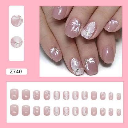 Oval Press-On Nail Set – Blush Pink 3D Floral Nails with Rhinestone Accents | Glossy Reusable False Nails (Set of 12)