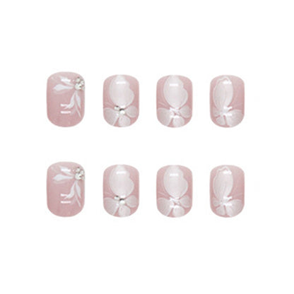 Oval Press-On Nail Set – Blush Pink 3D Floral Nails with Rhinestone Accents | Glossy Reusable False Nails (Set of 12)