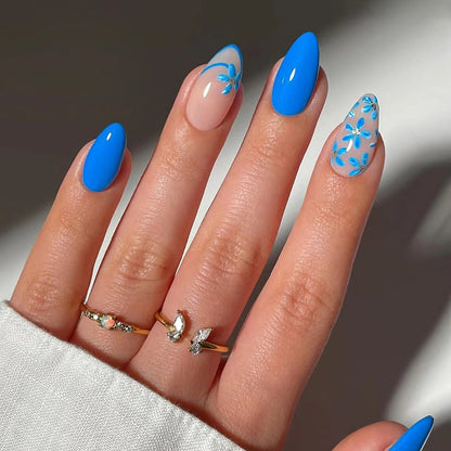 24-Piece Blue Floral Almond Press-On Nails – Glossy French Tip False Nails with Daisy Design | Reusable Stick-On Nail Set