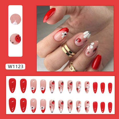 Red Floral Almond Press-On Nails – Glossy Ladybug & Daisy Spring Nail Set (Set of 24)