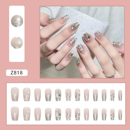 Coffin Shape Press-On Nail Set – Champagne Gold Glitter Pearl Nails with Mirror Foil | Glossy Reusable False Nails (Set of !2)