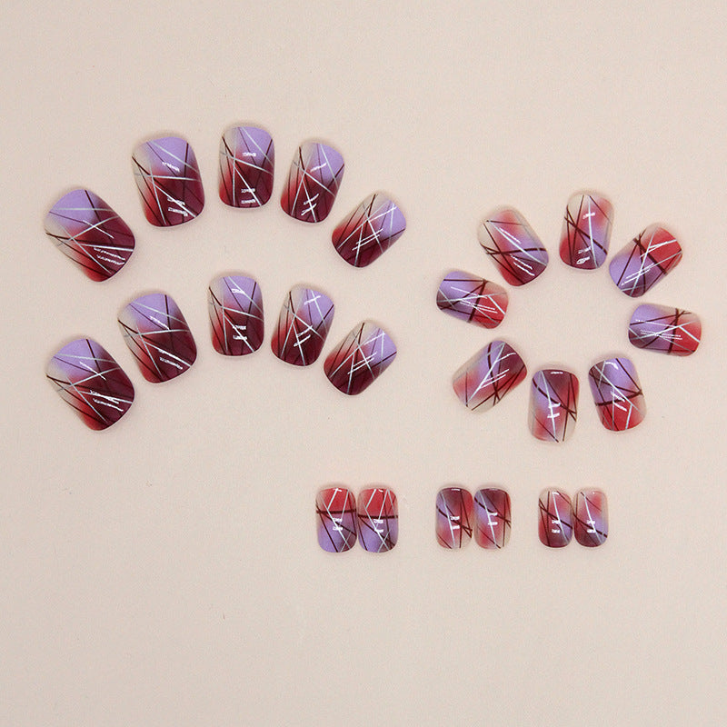 Geometric Nail Art Stickers, Purple Pink Gradient Design, Metallic Lines Pattern, Press on Nails