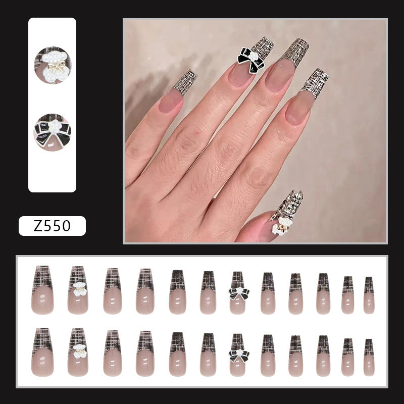 Silver Glitter French Tips with Black Bow Design, Square Shape, Press on Nails