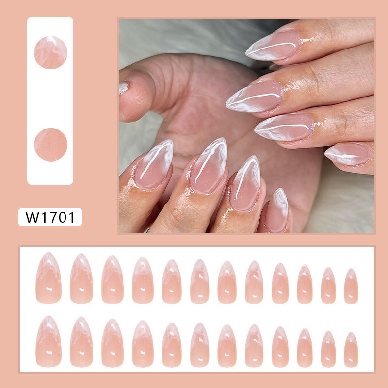 Marble Effect French Manicure, Almond Shape, White Swirl Design, Press-on Nails