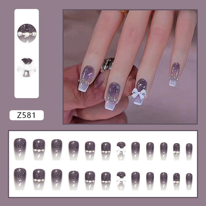 Lavender Glitter French Bow Press-On Nails – 12 Piece Glossy Square Nail Set
