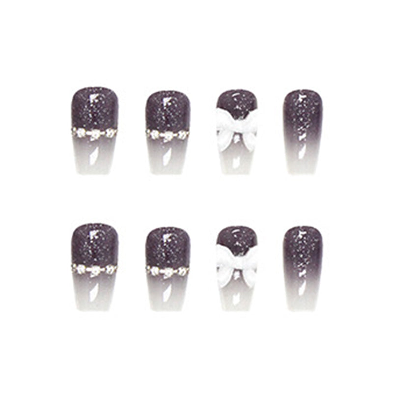 Glitter Gradient with 3D Bow Design, Purple to White Ombre, Square Tips, Press-On Nails