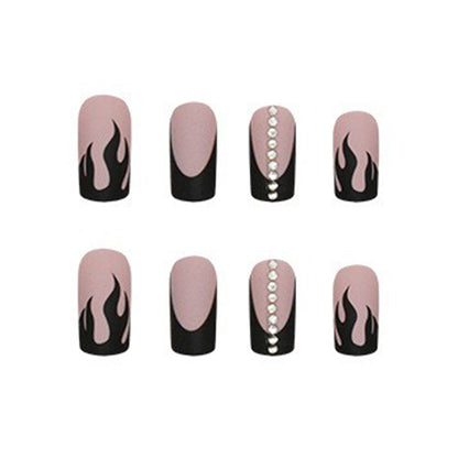 Black Flame Coffin Press-On Nails – Nude Matte Gothic Rhinestone Nail Set (Set of 12)