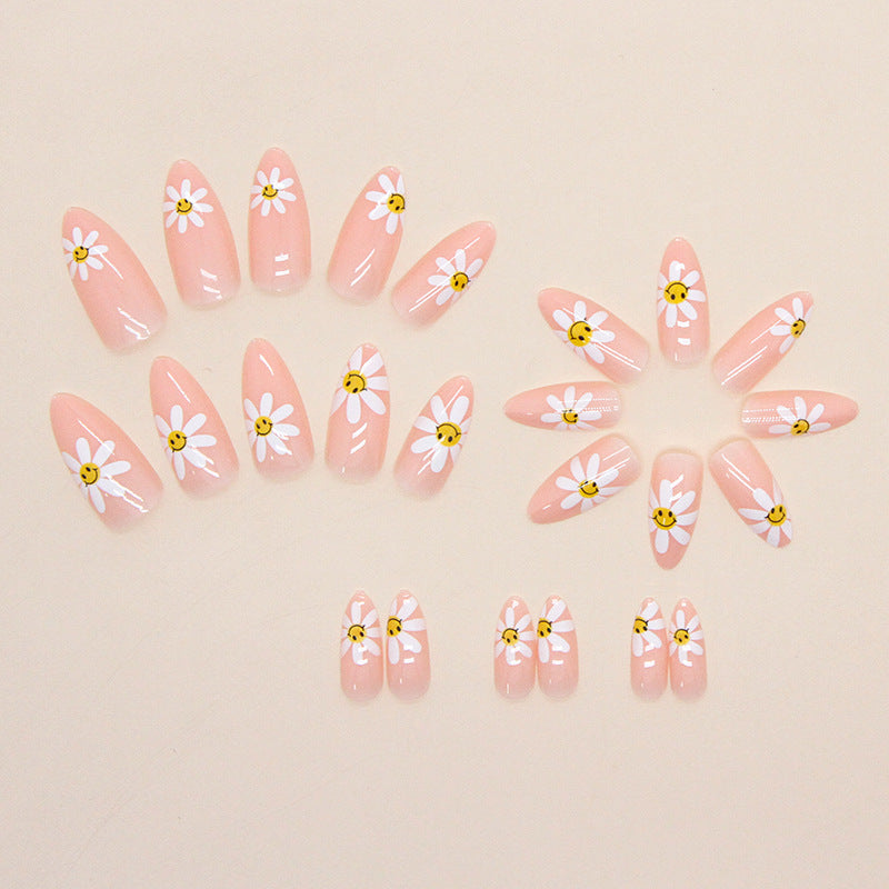 Happy Daisy Floral, Almond Shape, Pink Base with White Flowers, 24 Pieces, Press-On Nails