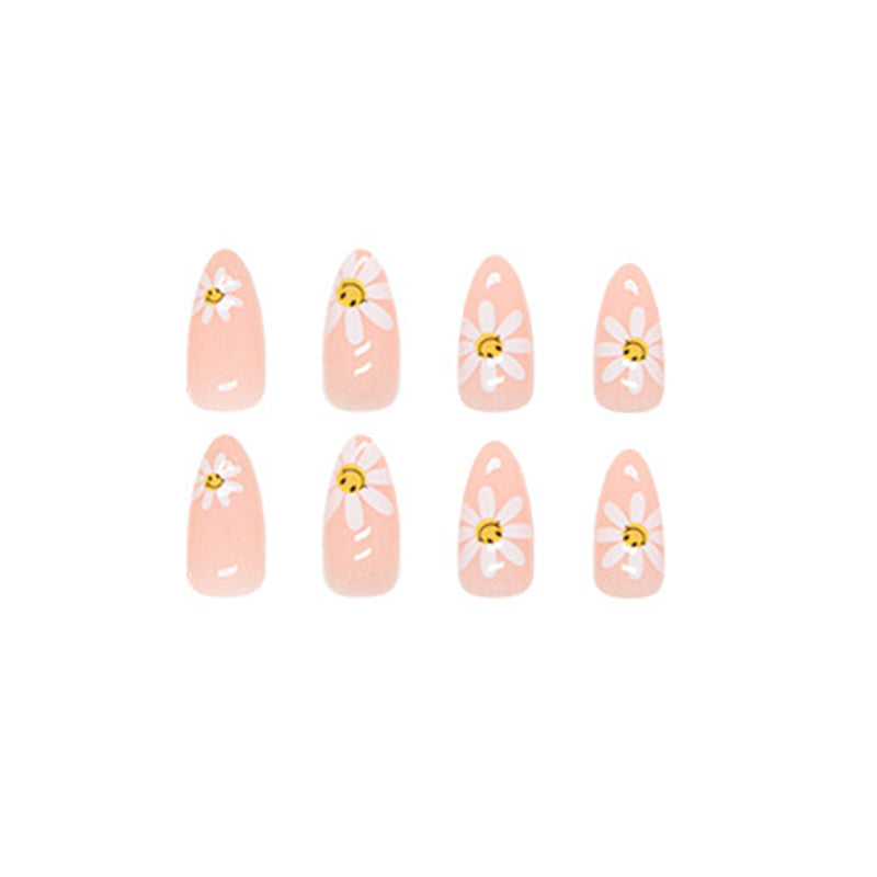 Happy Daisy Floral, Almond Shape, Pink Base with White Flowers, 24 Pieces, Press-On Nails