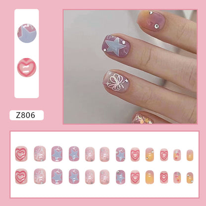 Short Square Press-On Nail Set – Pastel Purple Star & Floral Kawaii Nails | Glossy Reusable False Nails (Set of 12)