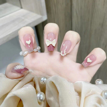 Pink Base with White Heart and Bow Design Nails, 3 D Pearl Embellishments Soft Pink (Nail Set of 12)